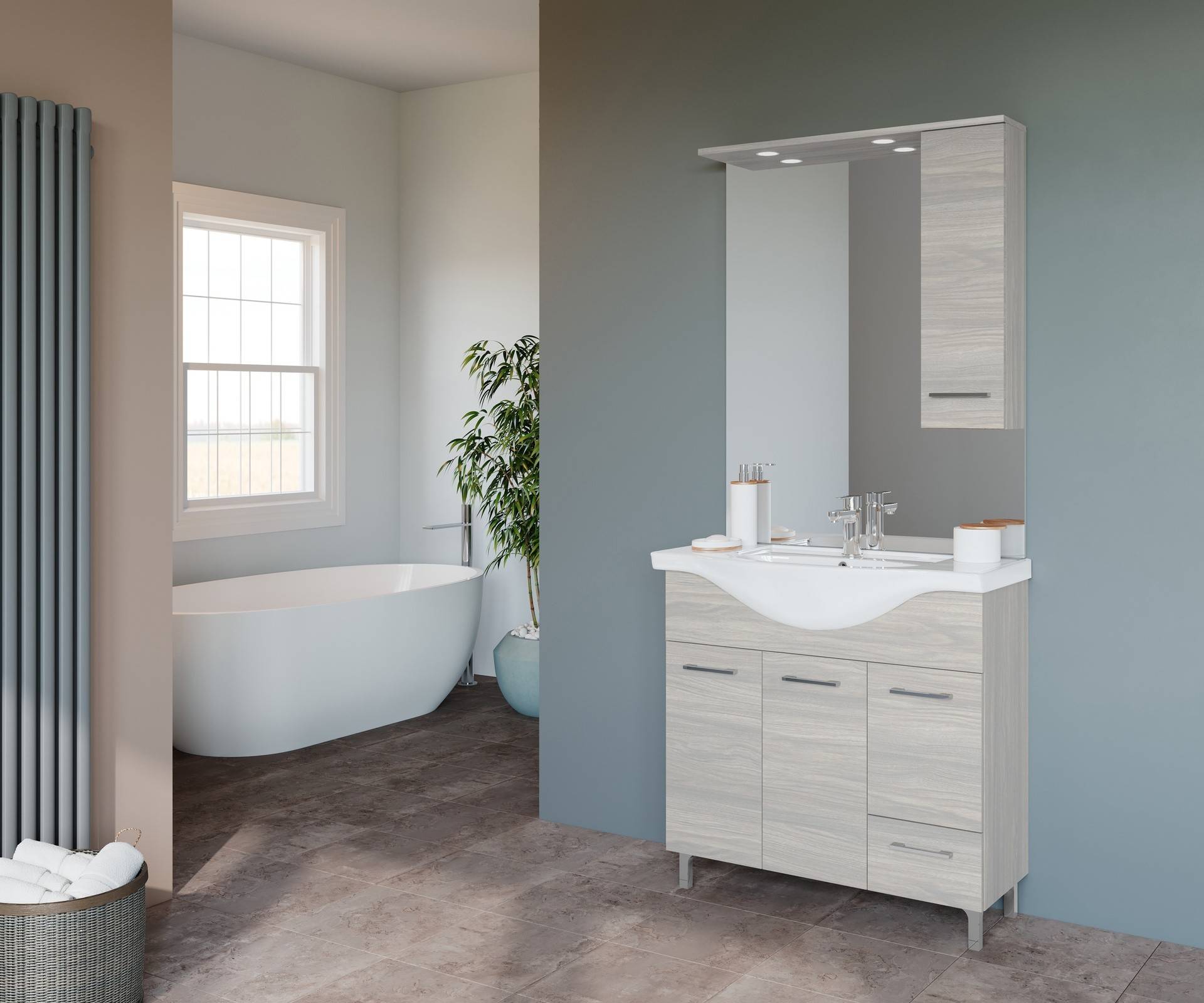 Composizione da bagno 3 ante da 85cm con cassetto , lavabo e specchiera con pensile - HD casa