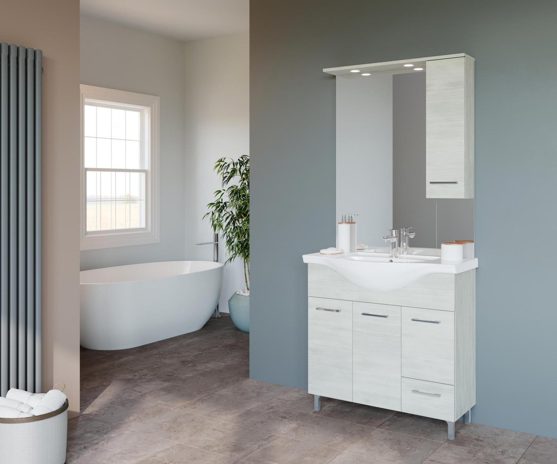 Composizione da bagno 3 ante da 85cm con cassetto , lavabo e specchiera con pensile e luci a led - HD casa