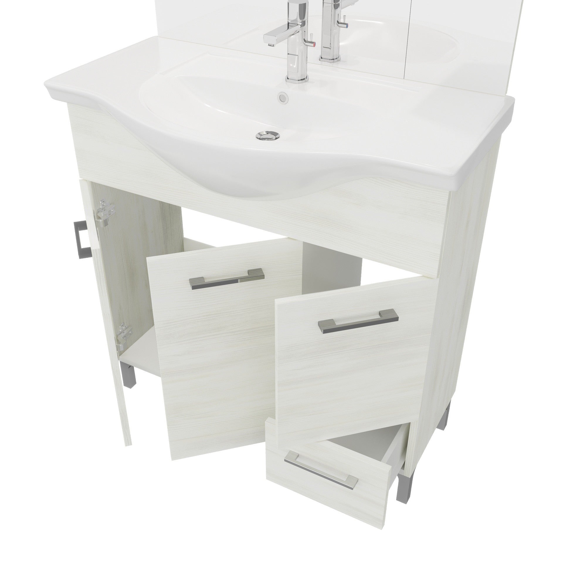 Composizione da bagno 3 ante da 85cm con cassetto , lavabo e specchiera con pensile e luci a led - HD casa