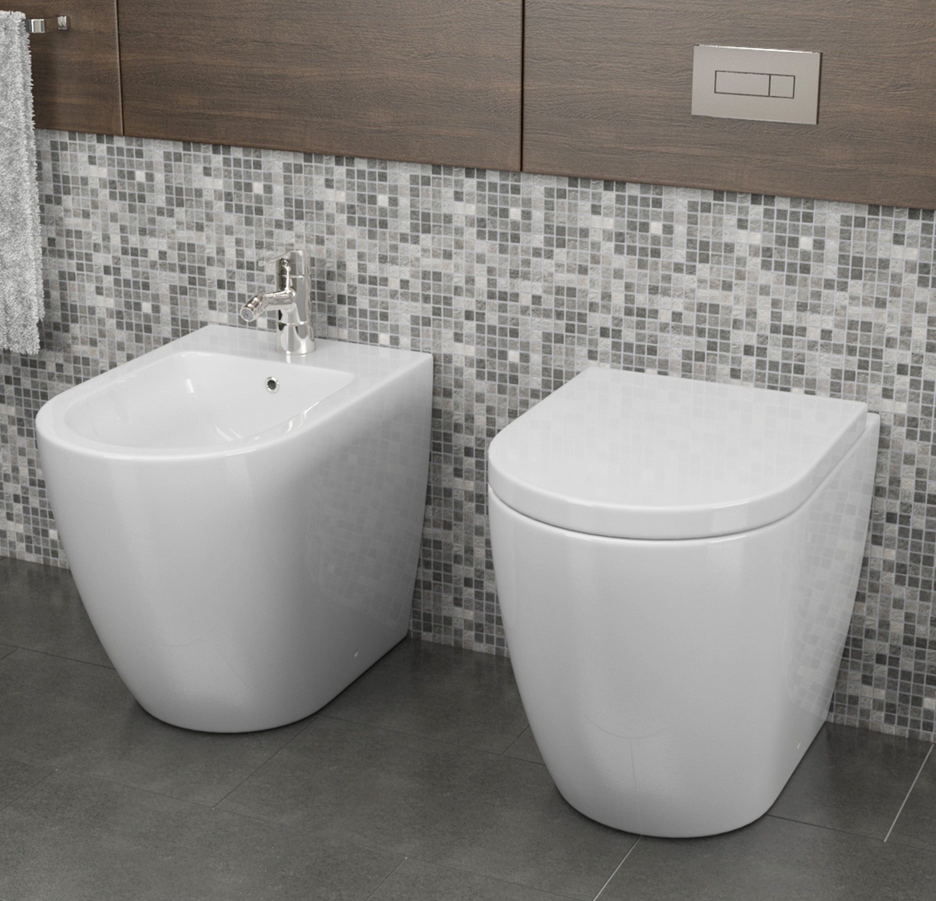 Coppia sanitari in ceramica filomuro WC e bidet con sedile soft close - HD casa