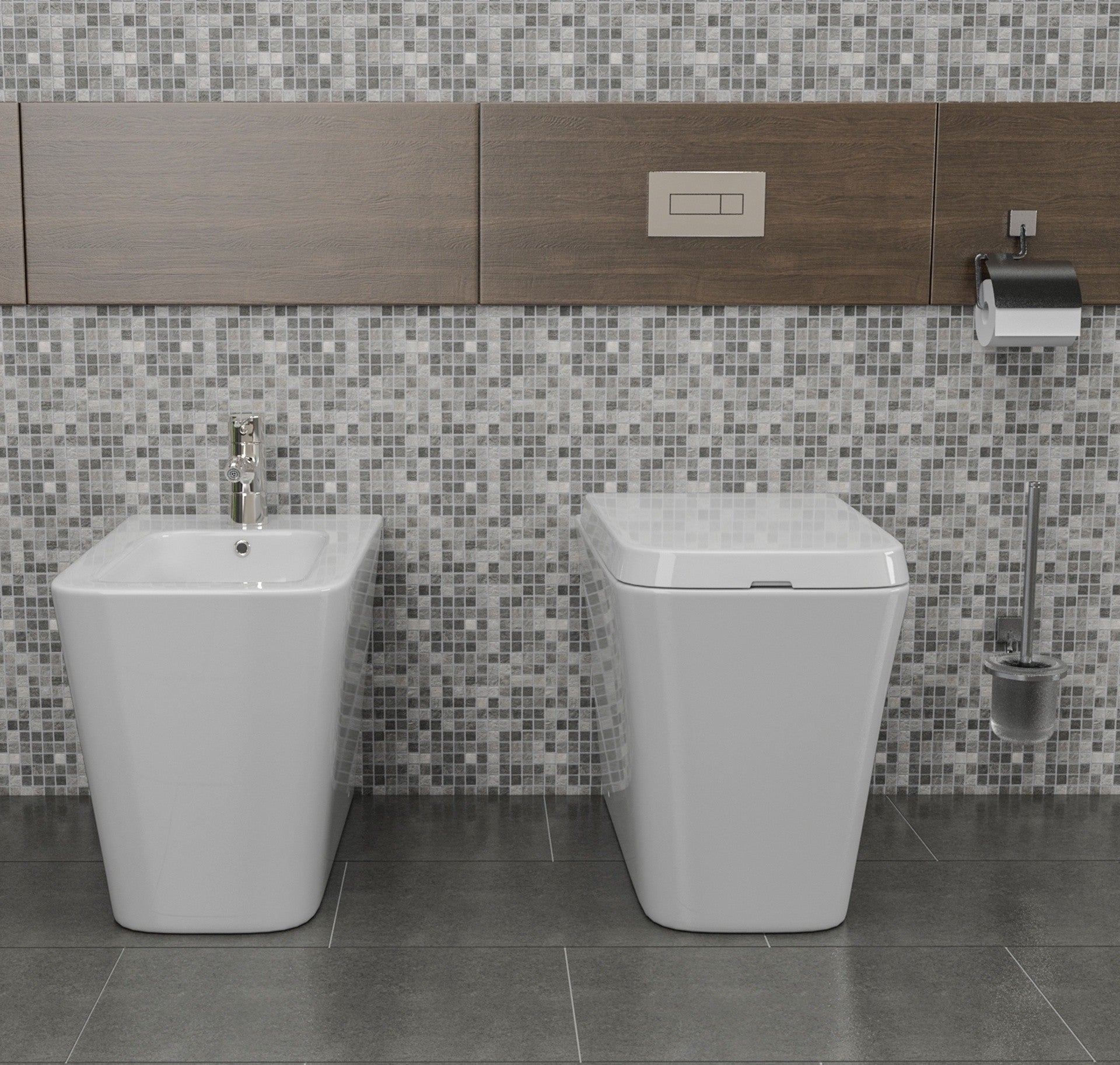 Coppia sanitari in ceramica filomuro WC e bidet con sedile soft close - HD casa