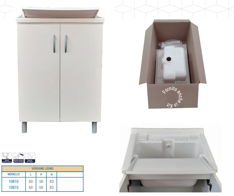 Mobile lavatoio legno+resina 60x50 Completo Di Vasca Sifone E Asse Lavapanni Bianco - HD casa