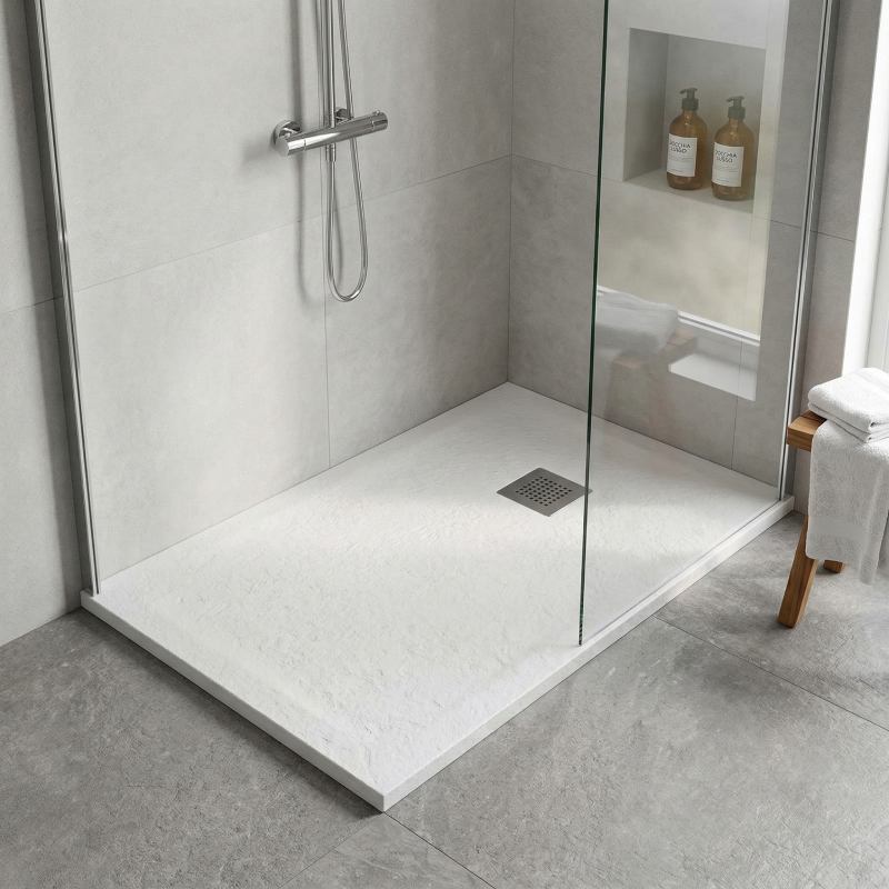 Piatto doccia bianco in marmoresina con griglia inox e Piletta - MALAGA - HD casa