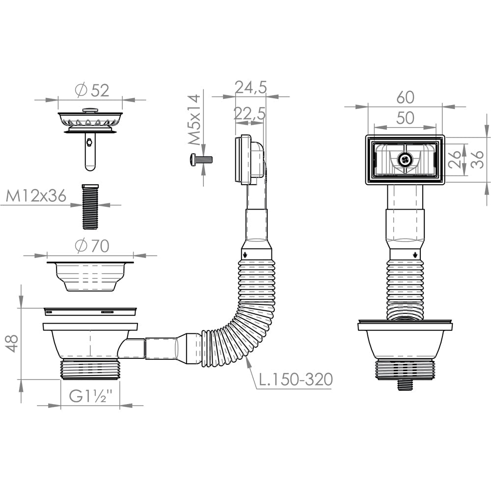 Piletta canestro per lavello cucina con foro Ø60 ctp rettangolare 1"1/2 x Ø70 mm — L.B. Plast - HD casa