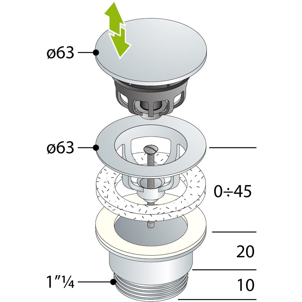 Piletta click clack universale con griglia fermacapelli 1"1/4 x Ø63 mm — OMP - HD casa
