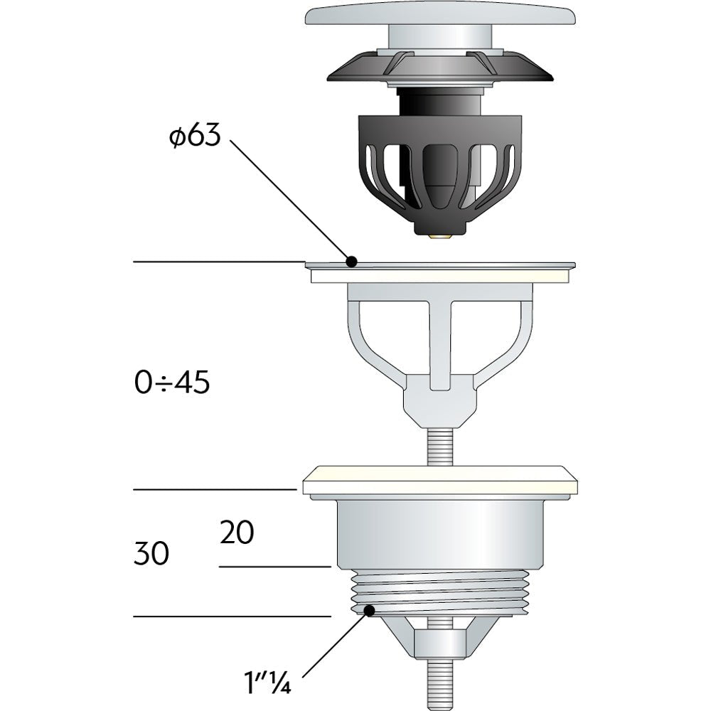 Piletta click clack universale con griglia fermacapelli 1"1/4 x Ø63 mm — OMP - HD casa
