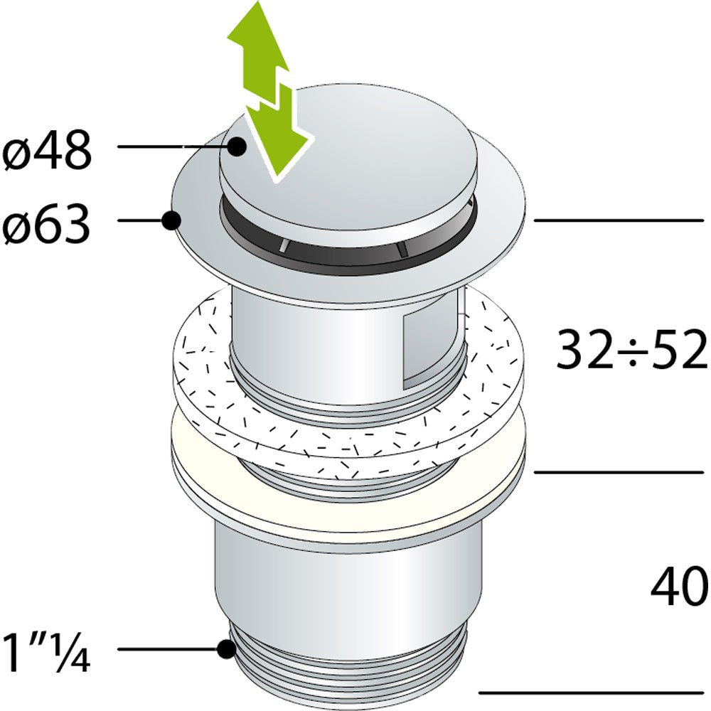 Piletta click clack universale mini CLICKER" ctp 1"1/4 x Ø 63 mm — OMP - HD casa
