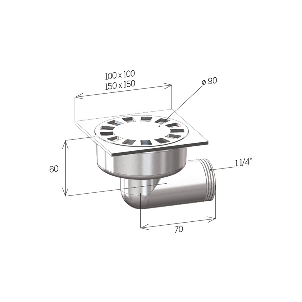 Piletta sifonata per pavimento con scarico laterale 1"1/4 - 100x100 mm — Ghidini SPA - HD casa