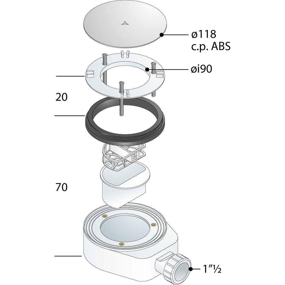Piletta sifonata per piatto doccia con foro Ø90 Aloha 1"1/2 x Ø118 mm — OMP - HD casa