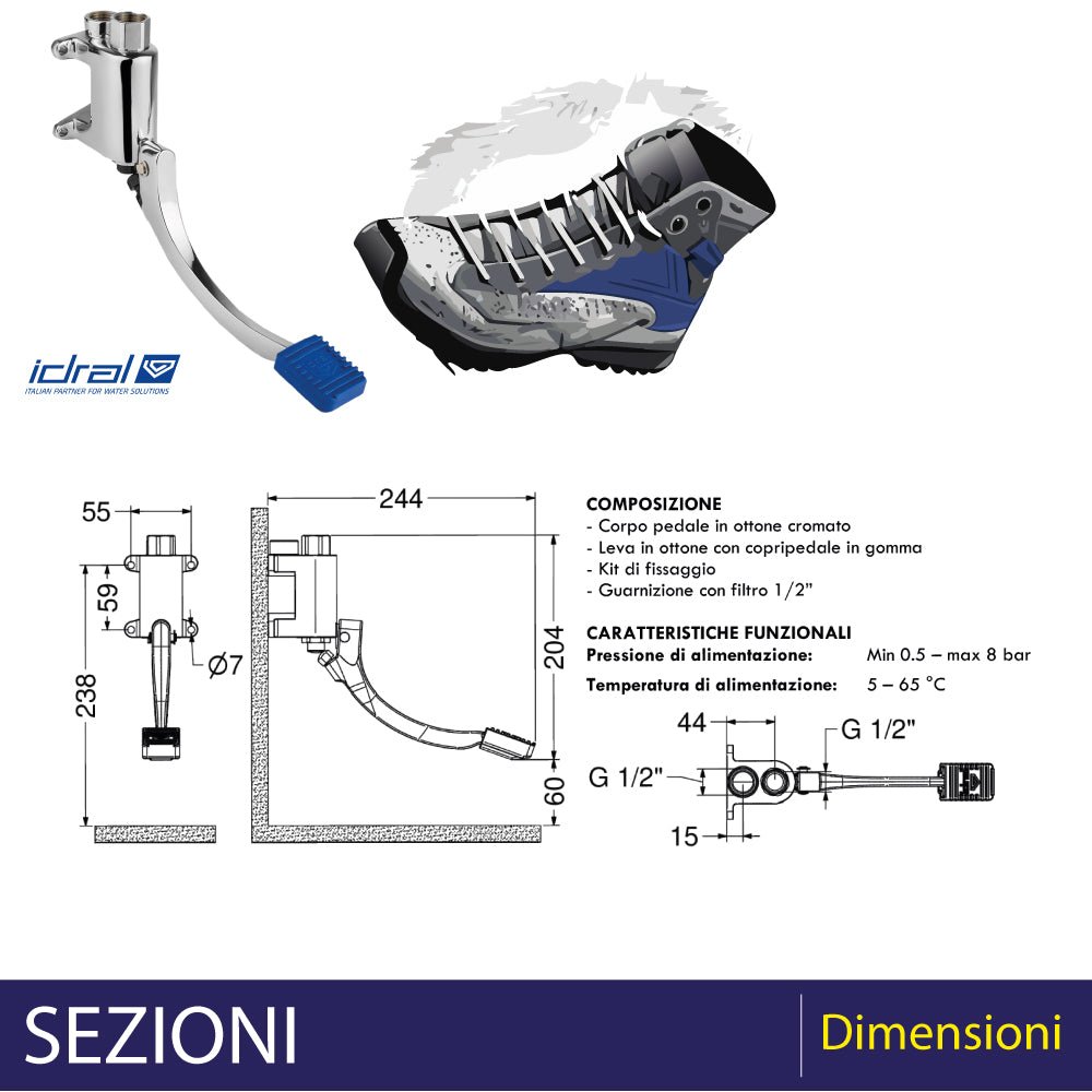 Rubinetto a pedale 1 via installazione a parete 1/2" — Idral - HD casa