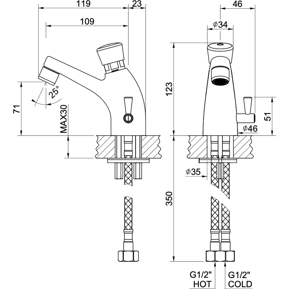 Rubinetto collo cigno temporizzato con miscelatore 1/2" - cromo — MCM - HD casa