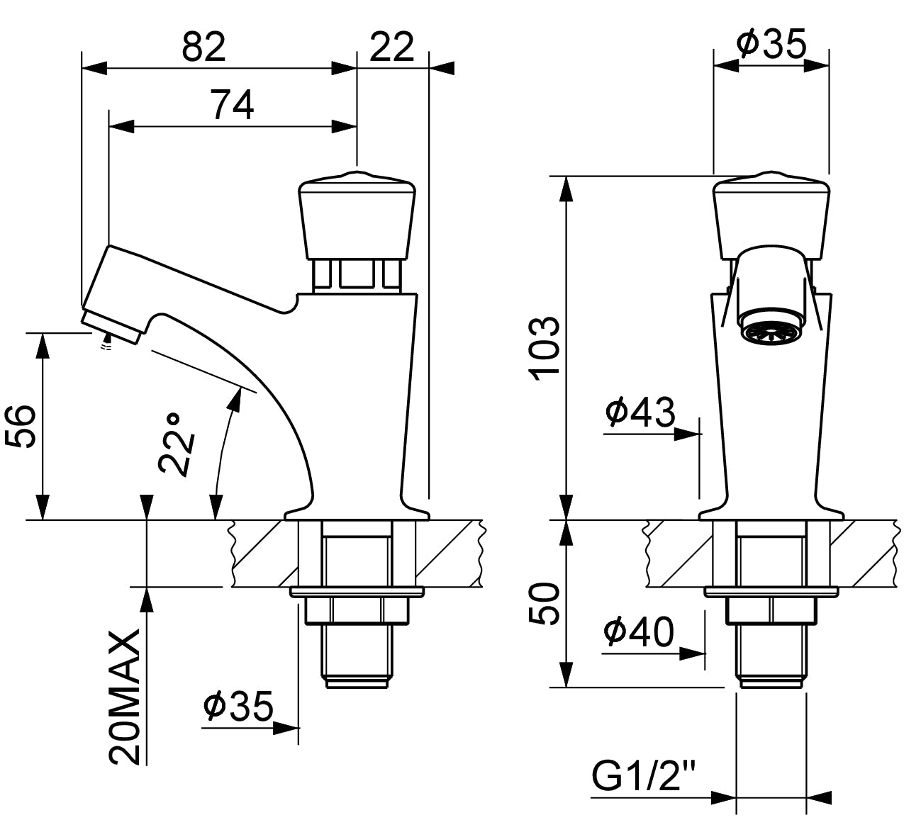Rubinetto temporizzato monoacqua con comando a pulsante 1/2" - cromo — MCM - HD casa