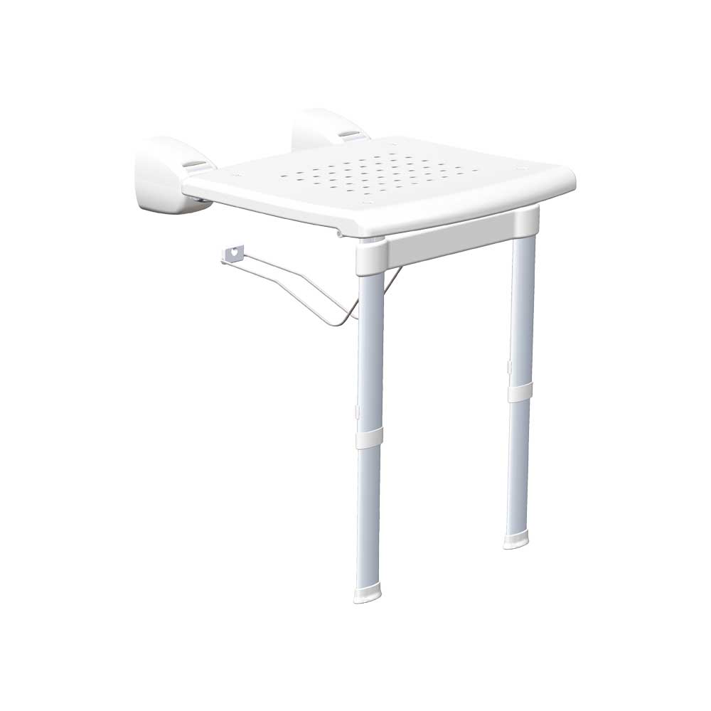Sedile doccia a muro ribaltabile antiscivolo con gambe telescopiche anodizzato - P.51 x L.42 — K Design - HD casa