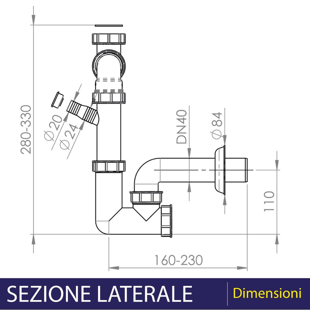 Sifone per lavello a 1 via salvaspazio ispezionabile 1"1/2 x Ø40 mm — L.B. Plast - HD casa