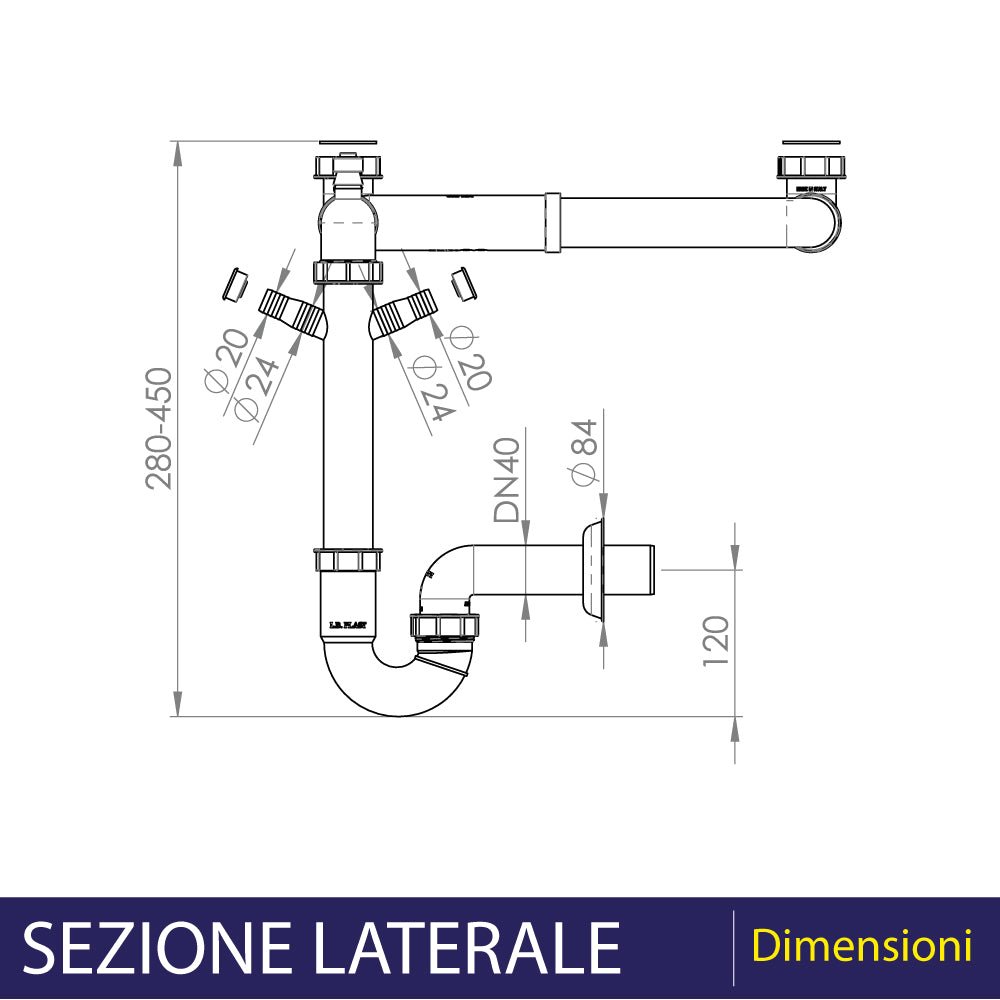 Sifone per lavello a 2 vie salvaspazio autopulente 2k 1"1/2 x Ø40 mm — L.B. Plast - HD casa