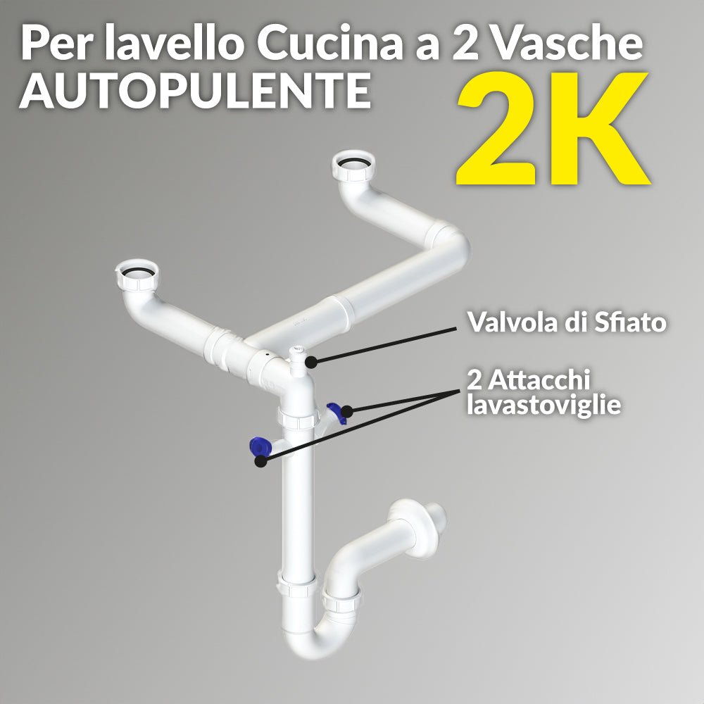 Sifone per lavello a 2 vie salvaspazio autopulente 2k 1"1/2 x Ø40 mm — L.B. Plast - HD casa