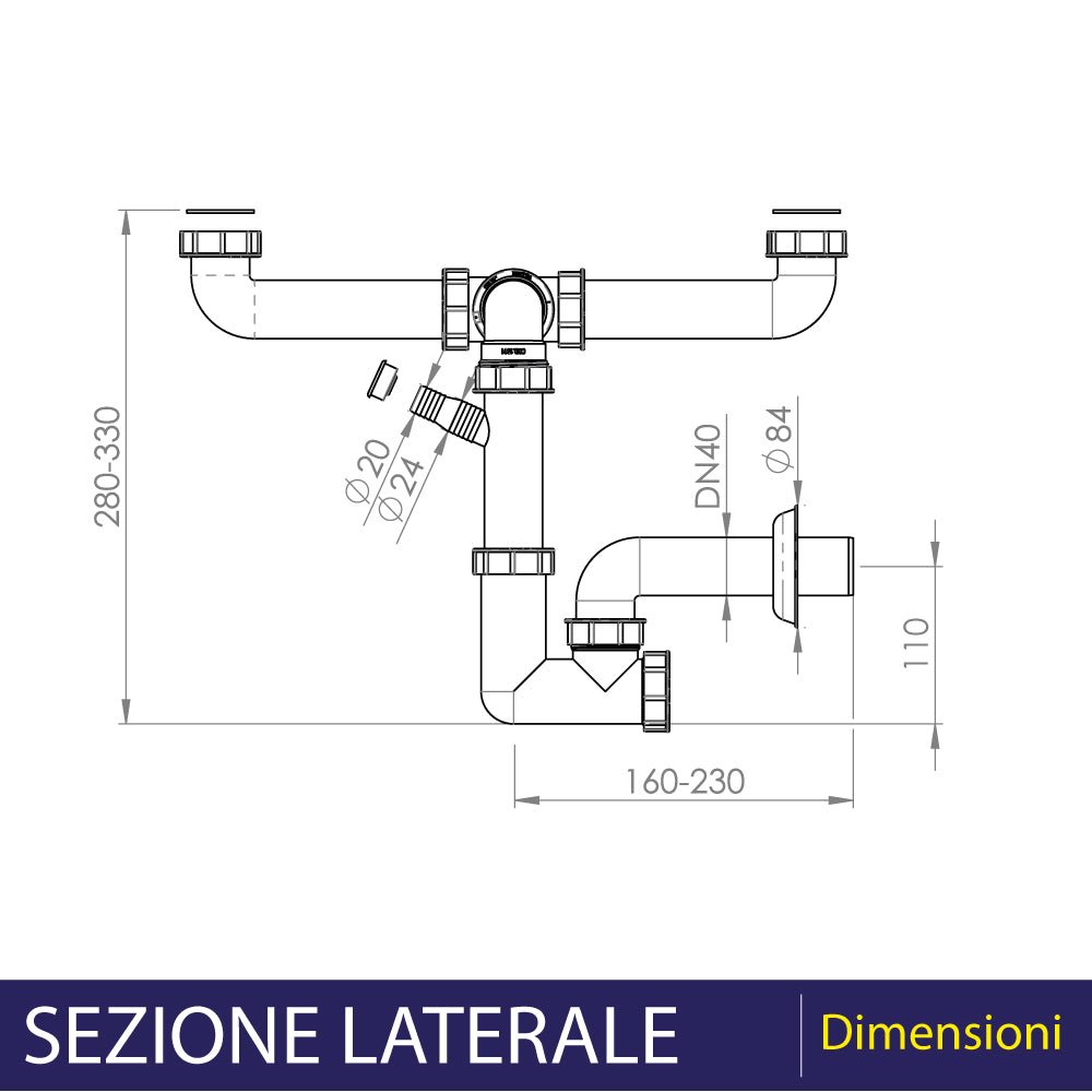 Sifone per lavello a 2 vie salvaspazio ispezionabile 1"1/2 x Ø40 mm — L.B. Plast - HD casa