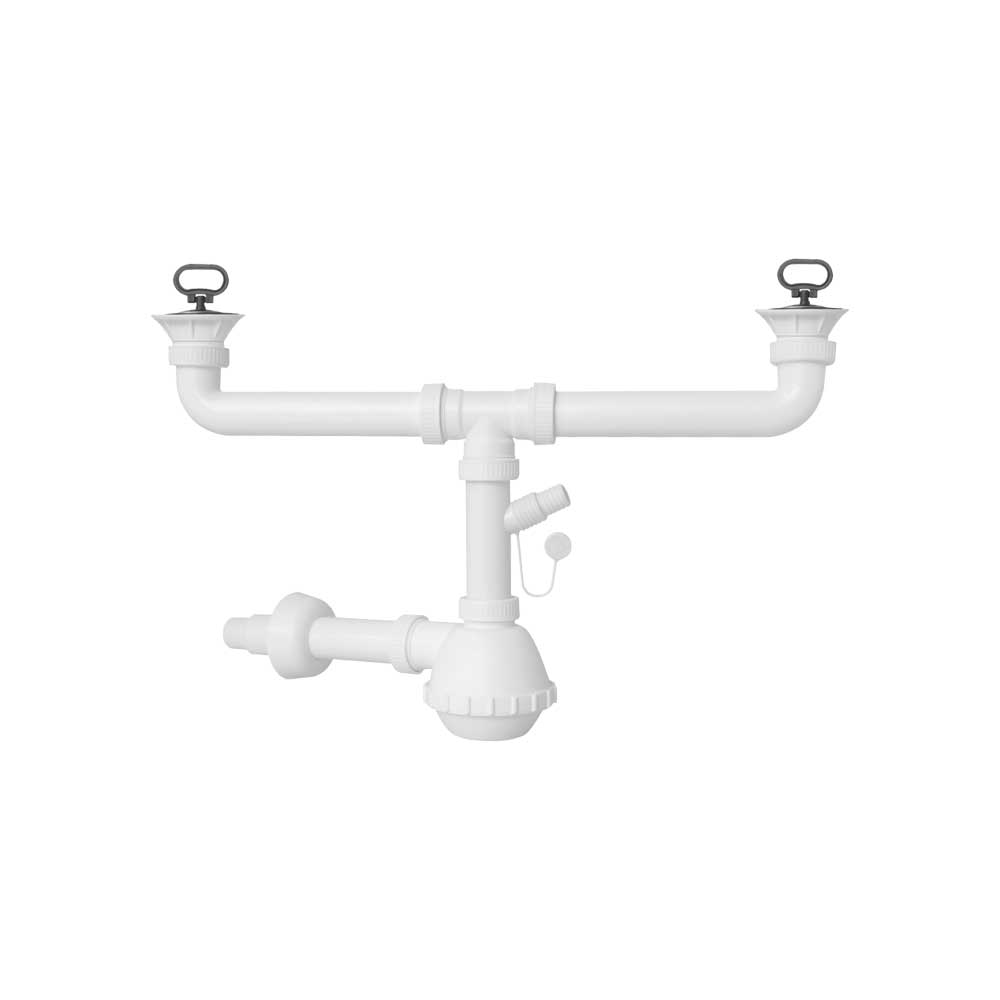 Sifone per lavello a fiasca a 2 vie con pilette e attacco lavastoviglie 1"1/2 x Ø32/40 mm — MADE IN Italy - HD casa