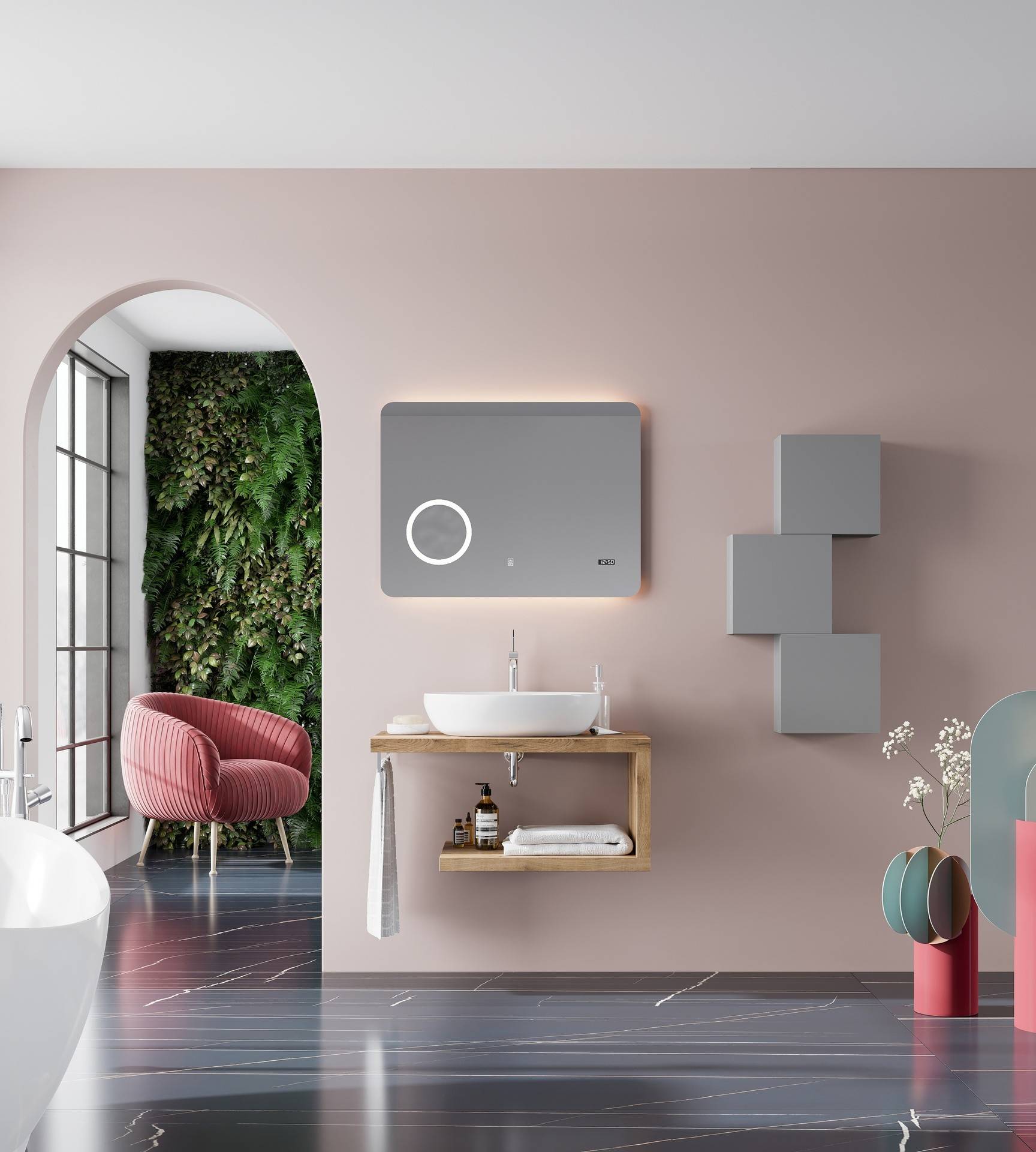 Specchiera touch con lente d' ingrandimento e orologio da cm 80x60 - HD casa