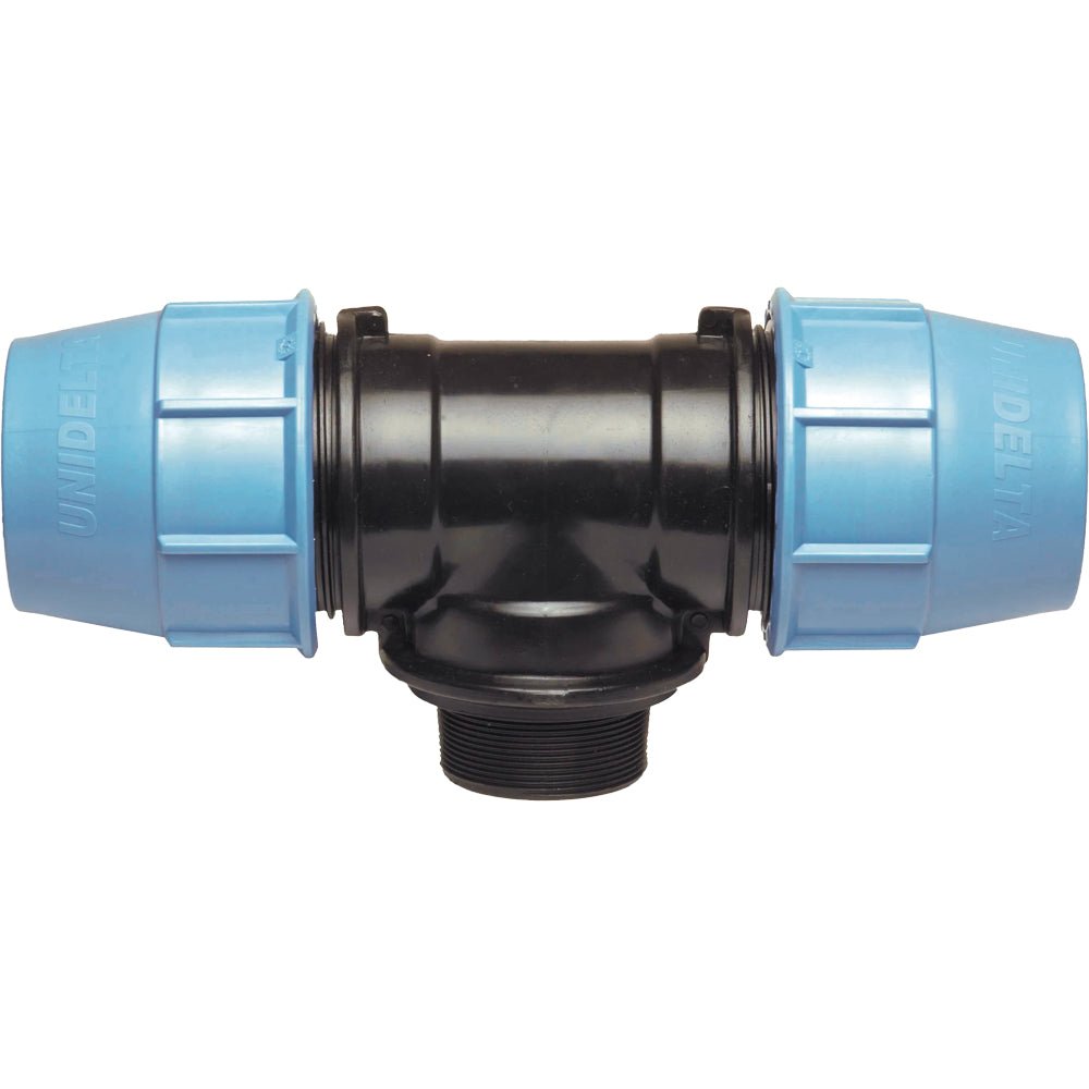 Tee con derivazione maschio a compressione per tubo polietilene Unidelta Ø75 x 2"1/2 m x Ø75 - PN16 - HD casa