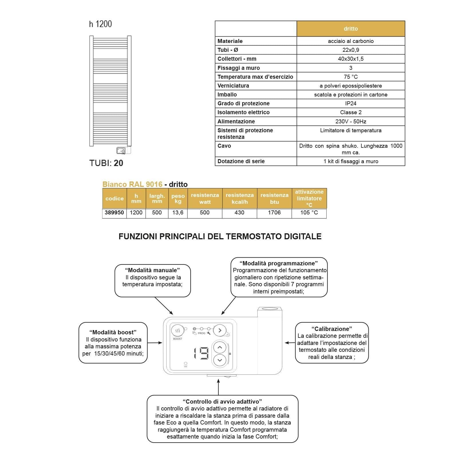 Termoarredo Lazzarini mod. E - Bormio 1200x500 500W con termostato elettronico bianco - HD casa